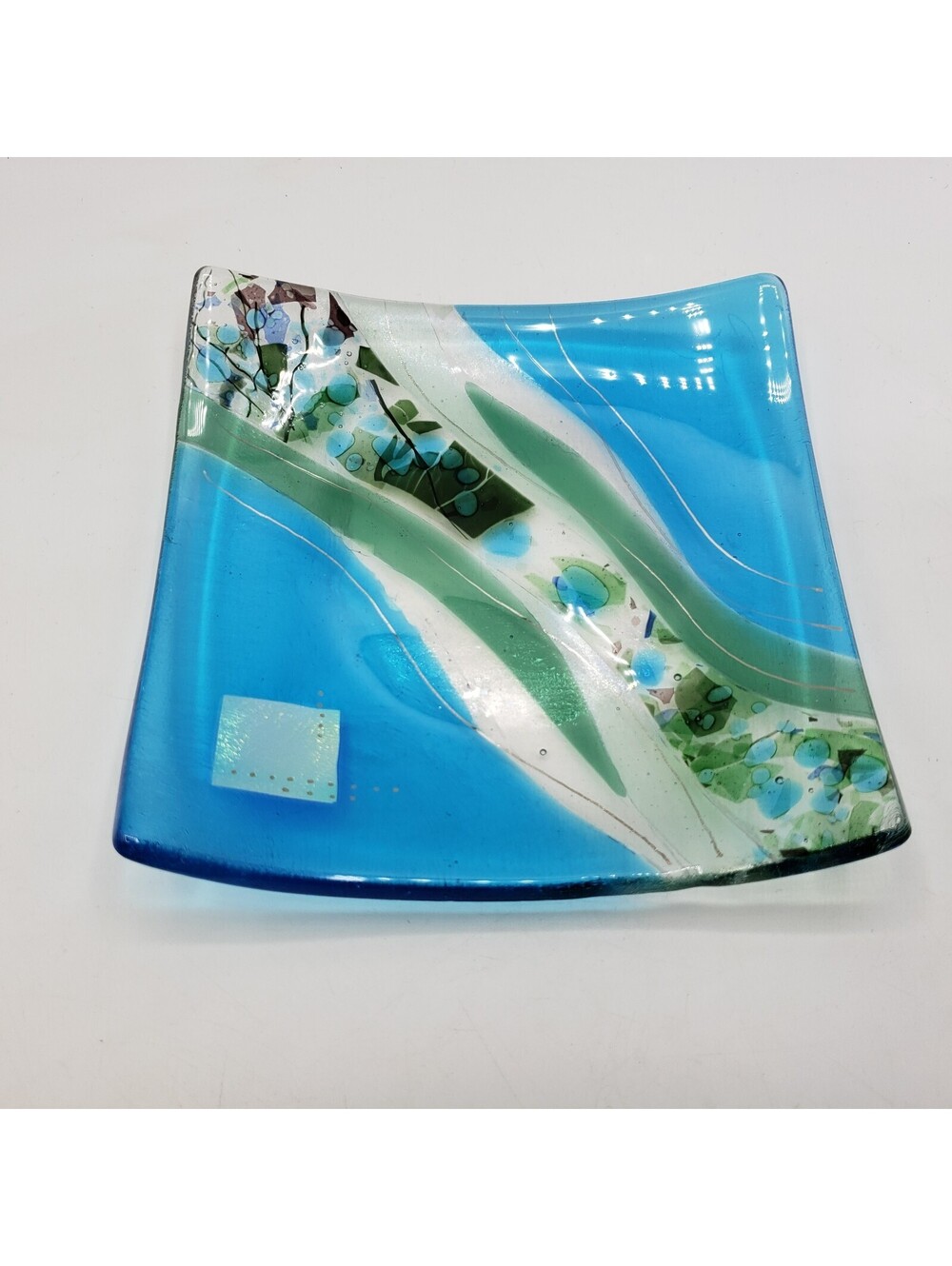 Artisan Fused Glass Dish Blue Green Dichroic Glass Square SIGNED Trinket